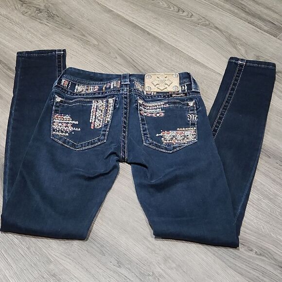 Miss Me Rhinestone Aztec Embroidered Signature Skinny Dark Jeans - Picture 6 of 8